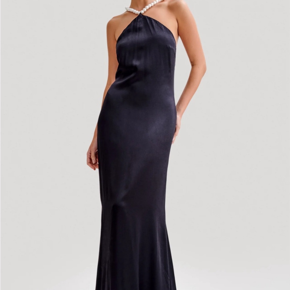 MESHKI black halter pearl satin dress